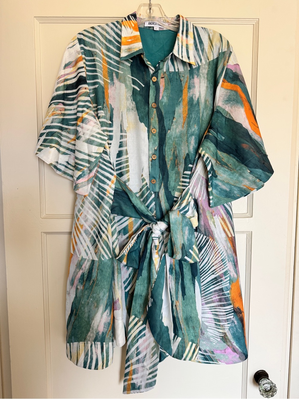 Andrea Iyamah Teal Green, White & Orange Printed Tie-Front Jumpsuit Romper